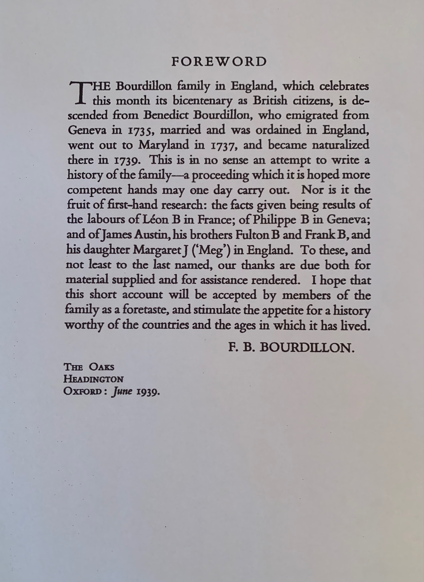 Avant propos de Nof on the history of the Bourdillon 1939