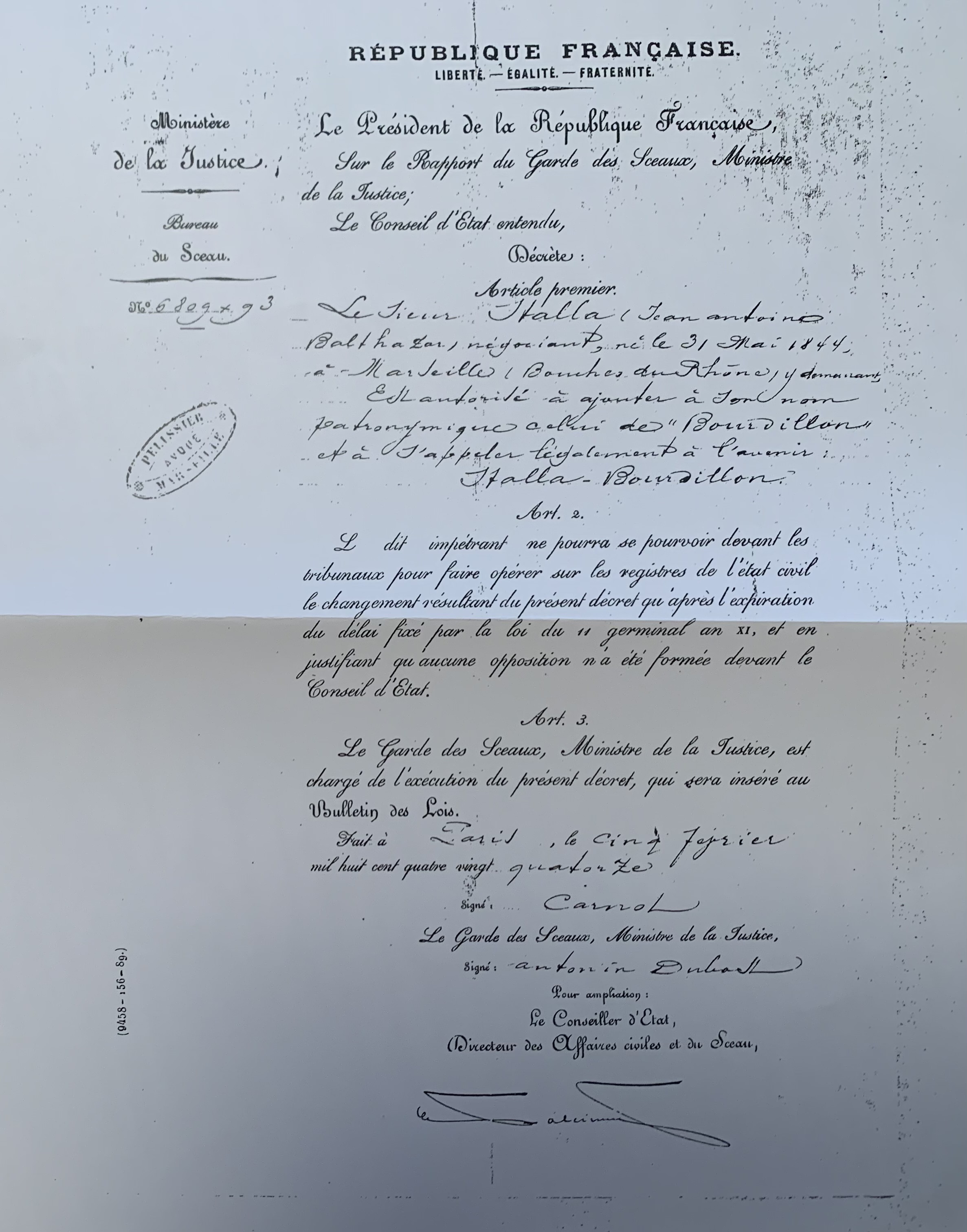 Stalla-Bourdillo_autorisation président de la République changement de nom